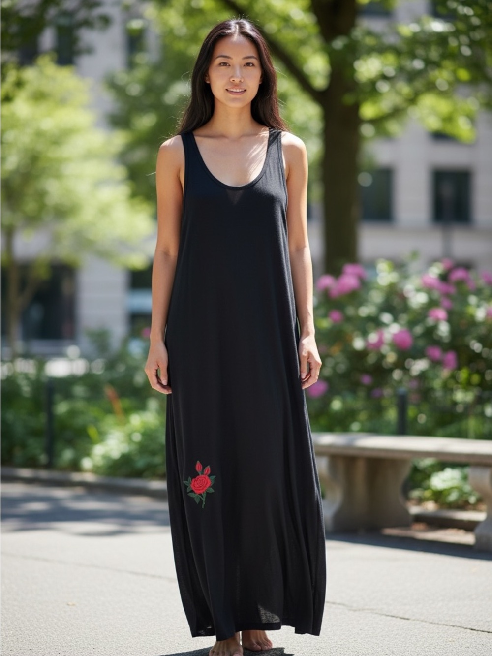 Black Maxi Tank Dress with Red Rose Embroidery Size Small